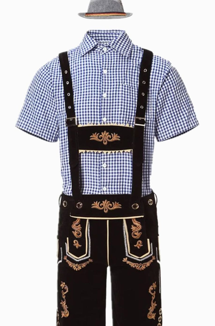 Herren Trachten-Komplettset Lederhose Karohemd Oktoberfest - Schwarz/Blau-kariert (goldene Stickerei)