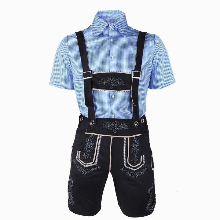 Herren Trachten-Komplettset Lederhose Karohemd Oktoberfest - Schwarz/Blau-kariert (alternative Stickerei)