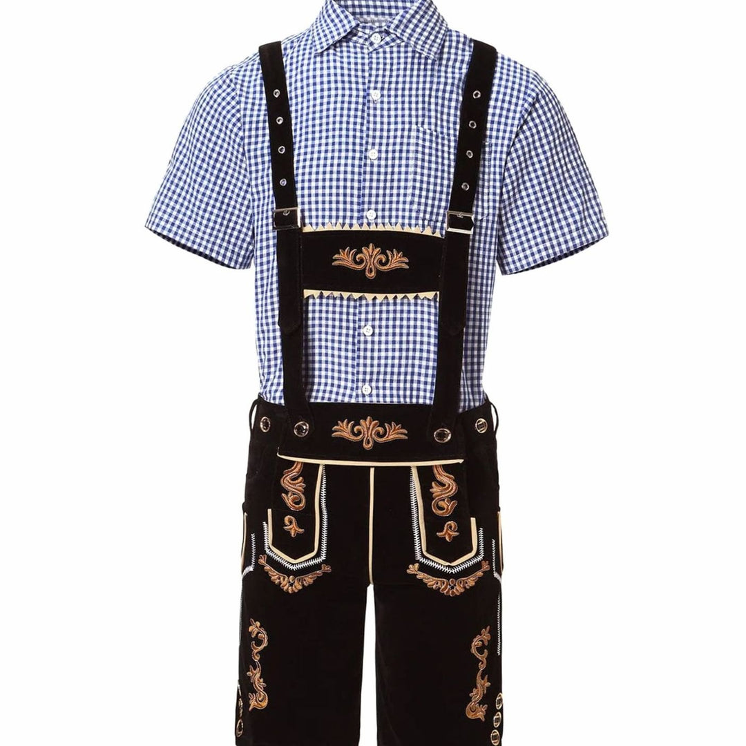 Herren Trachten-Komplettset Lederhose Karohemd Oktoberfest - Schwarz/Blau-kariert (goldene Stickerei, alternative Passform)
