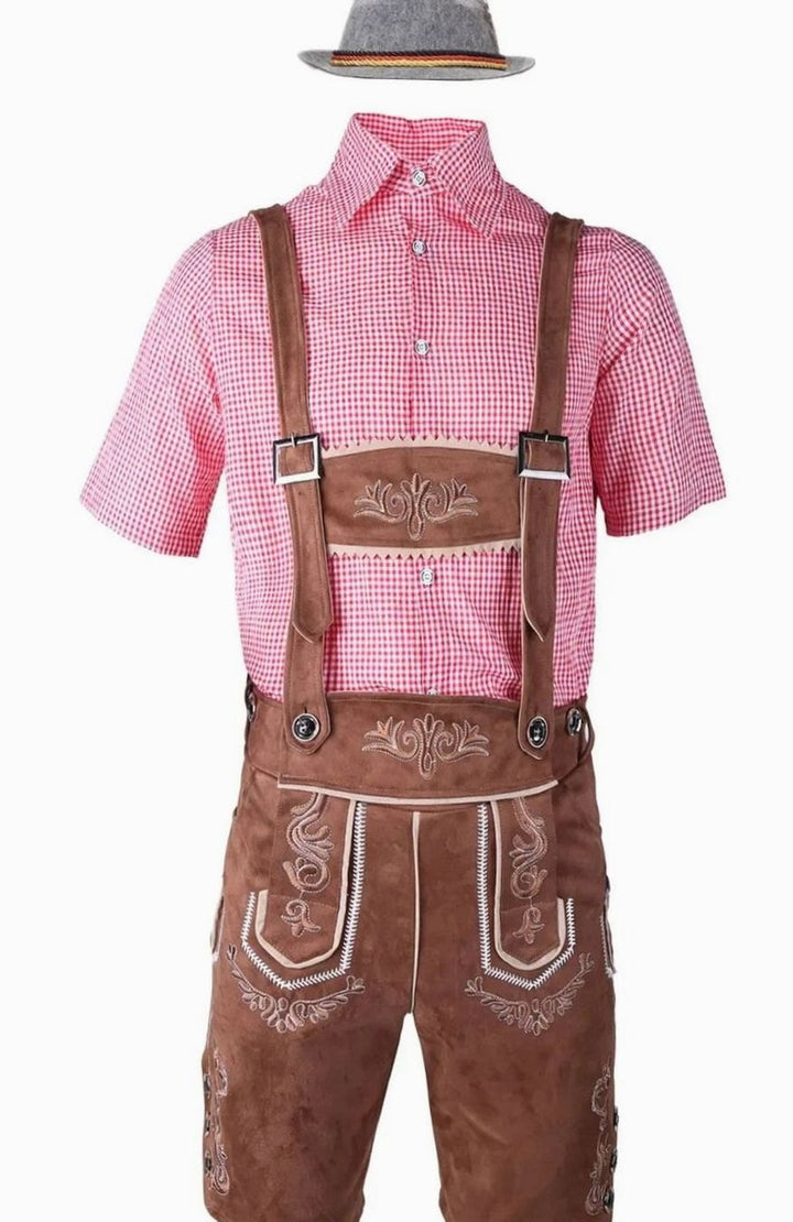 Herren Trachten-Komplettset Lederhose Karohemd Oktoberfest - Kaffee/Rot-kariert