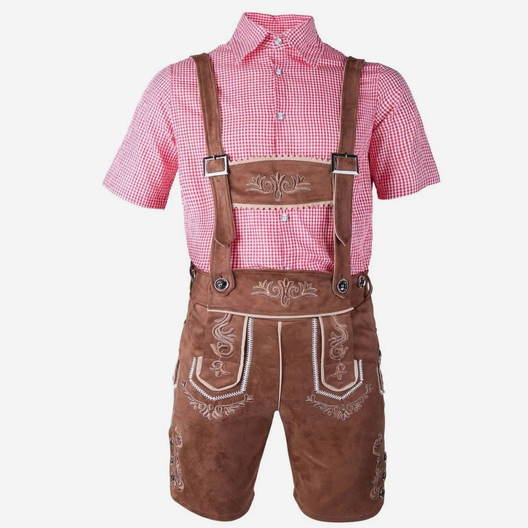 Herren Trachten-Komplettset Lederhose Karohemd Oktoberfest - Kaffee/Rot-kariert (alternative Stickerei)