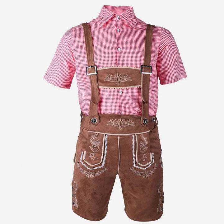 Herren Trachten-Komplettset Lederhose Karohemd Oktoberfest - Kaffee/Rot-kariert (alternative Stickerei)
