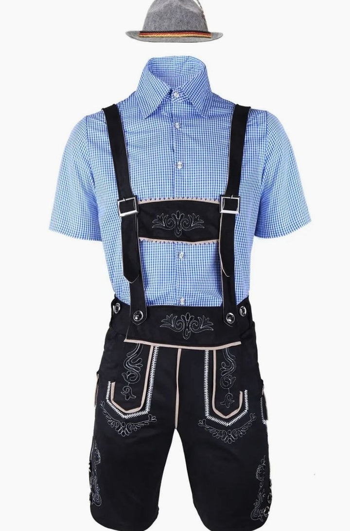 Herren Trachten-Komplettset Lederhose Karohemd Oktoberfest - Schwarz/Blau-kariert