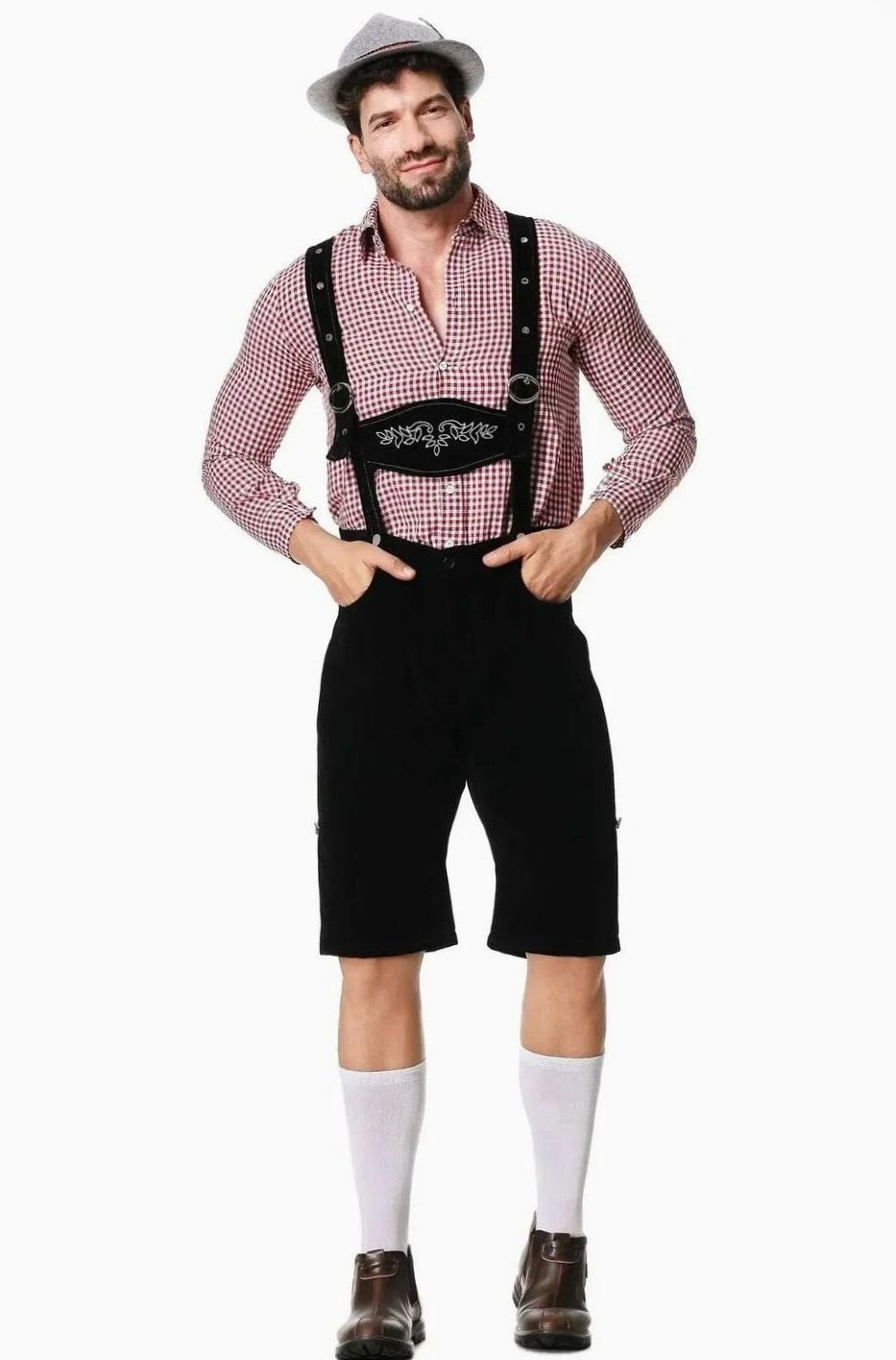Herren Trachten-Kostüm Set kariertes Hemd Lederhose Oktoberfest - Schwarz