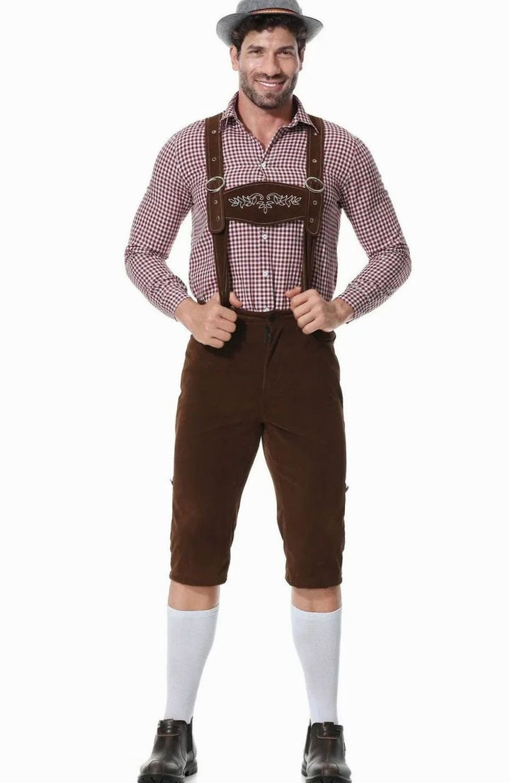 Herren Trachten-Kostüm Set kariertes Hemd Lederhose Oktoberfest - Braun
