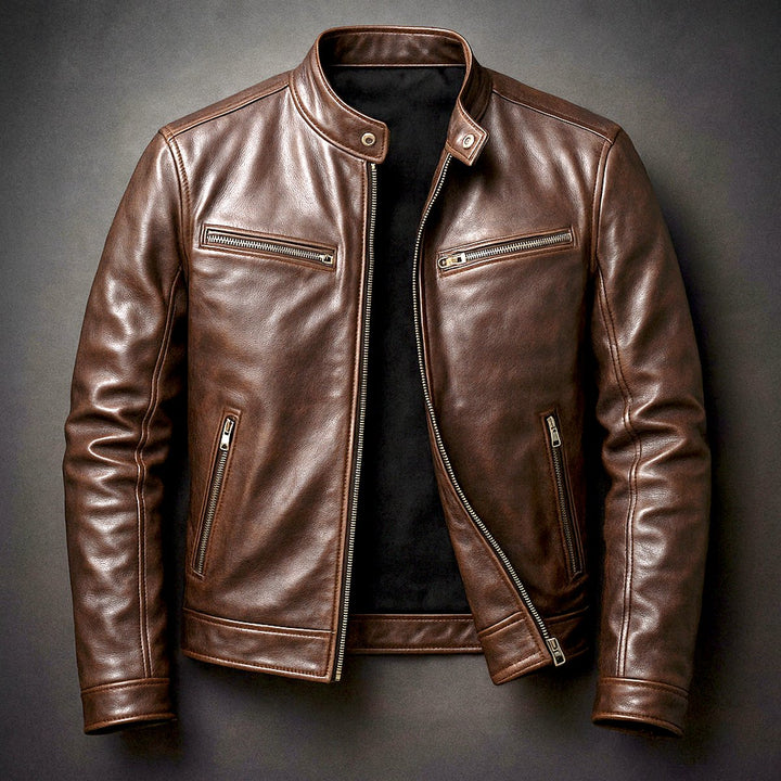 Herren Vintage Biker Lederjacke Reißverschluss Vier-Taschen-Design - Zigarrenbraun