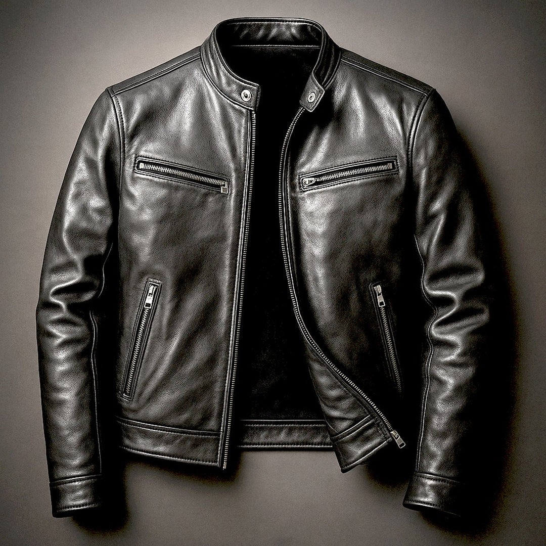 Herren Vintage Biker Lederjacke Reißverschluss Vier-Taschen-Design - Biker Schwarz