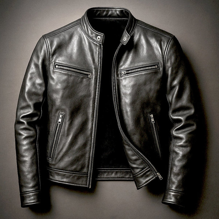 Herren Vintage Biker Lederjacke Reißverschluss Vier-Taschen-Design - Biker Schwarz