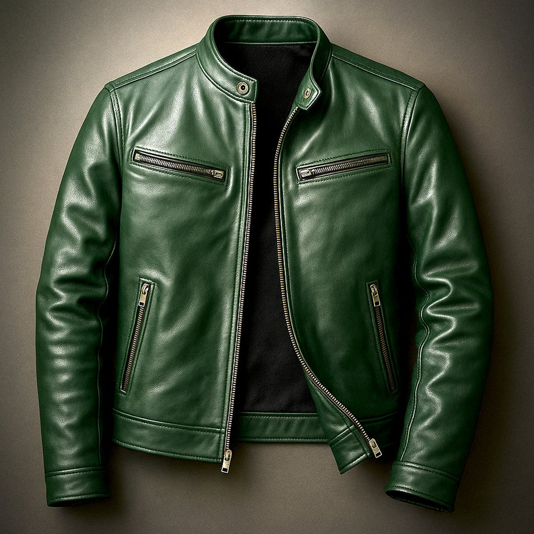 Herren Vintage Biker Lederjacke Reißverschluss Vier-Taschen-Design - Tannengrün