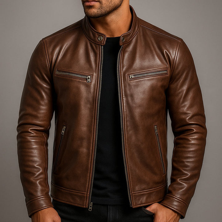 Herren Vintage Biker Lederjacke Reißverschluss Vier-Taschen-Design