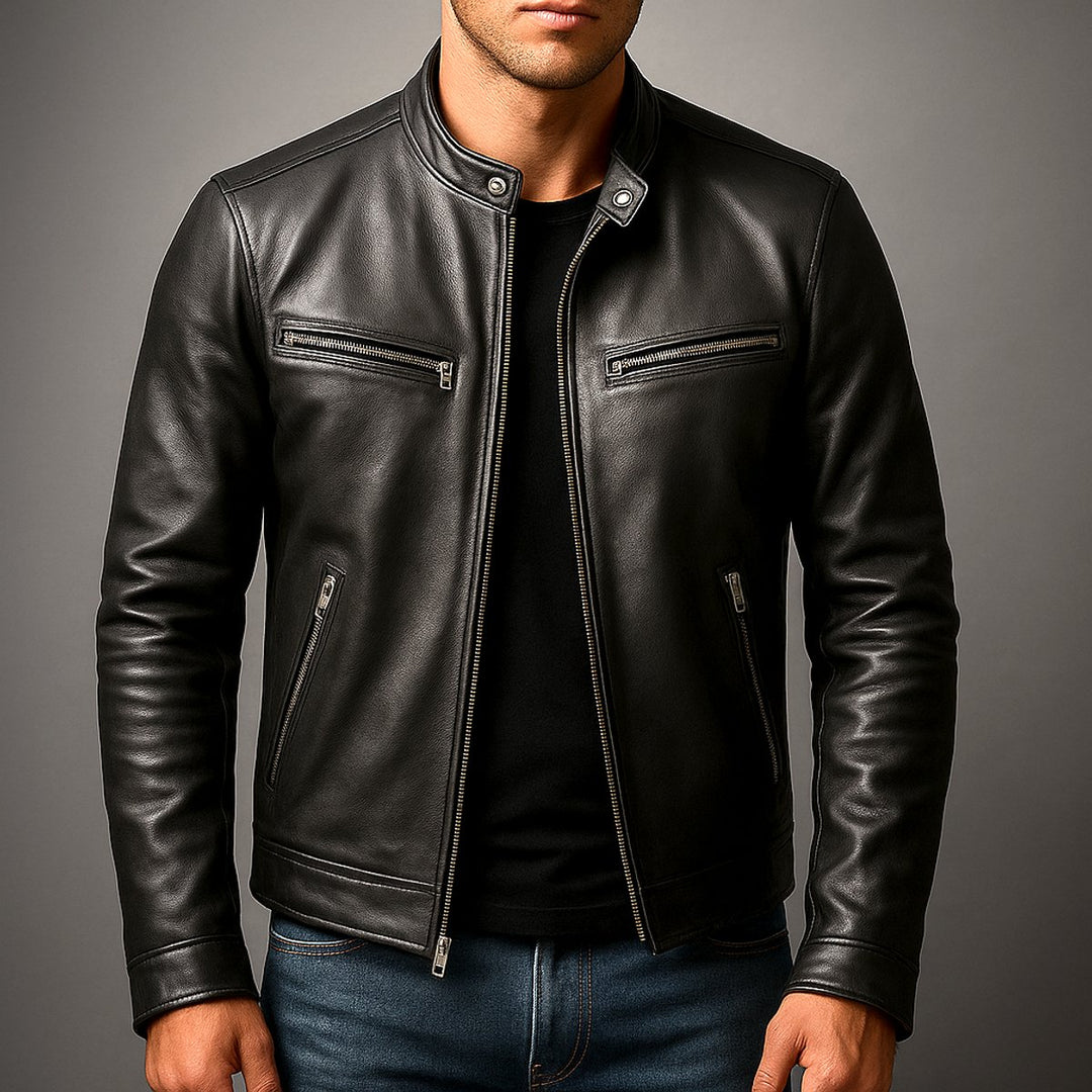 Herren Vintage Biker Lederjacke Reißverschluss Vier-Taschen-Design