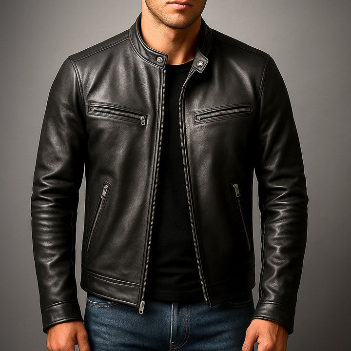 Herren Vintage Biker Lederjacke Reißverschluss Vier-Taschen-Design
