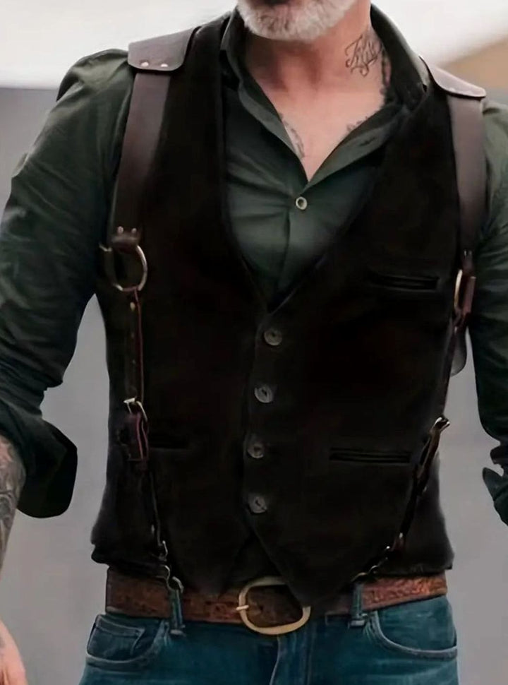 Herren Vintage-Weste mit Schnallenriemen und Knöpfen - Schwarz