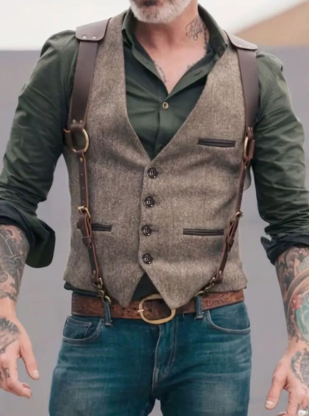 Herren Vintage-Weste mit Schnallenriemen und Knöpfen - Hellbraun