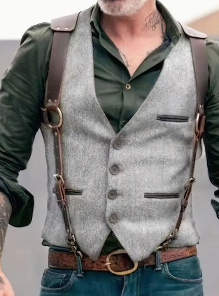 Herren Vintage-Weste mit Schnallenriemen und Knöpfen - Hellgrau