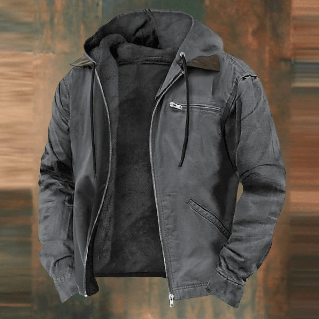 Herren Vintage Winterjacke mit Kapuze und Reißverschluss Fleecefutter - Grau
