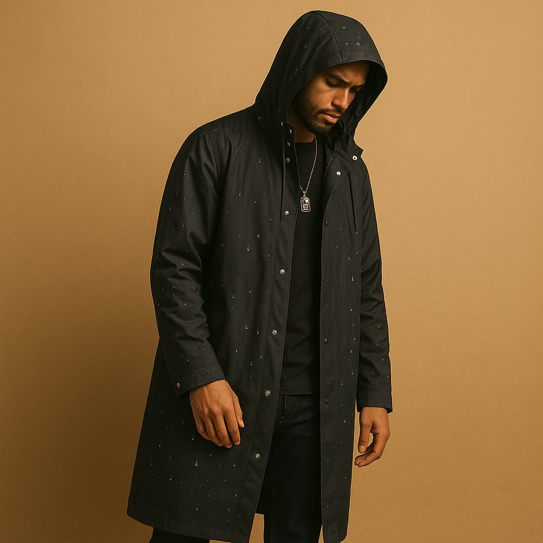 Herren Wasserdichte Lange Regenjacke mit Kapuze aus EVA-Material