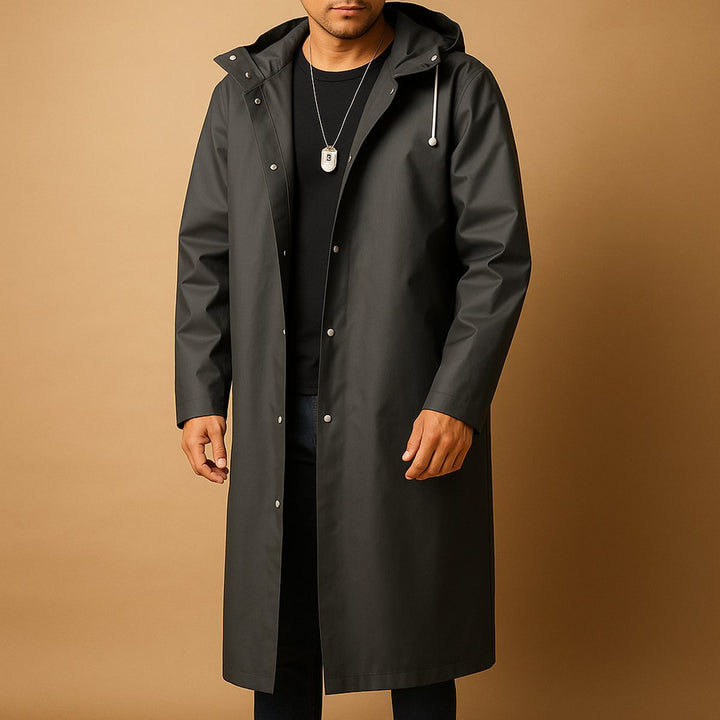 Herren Wasserdichte Lange Regenjacke mit Kapuze aus EVA-Material - Schwarz