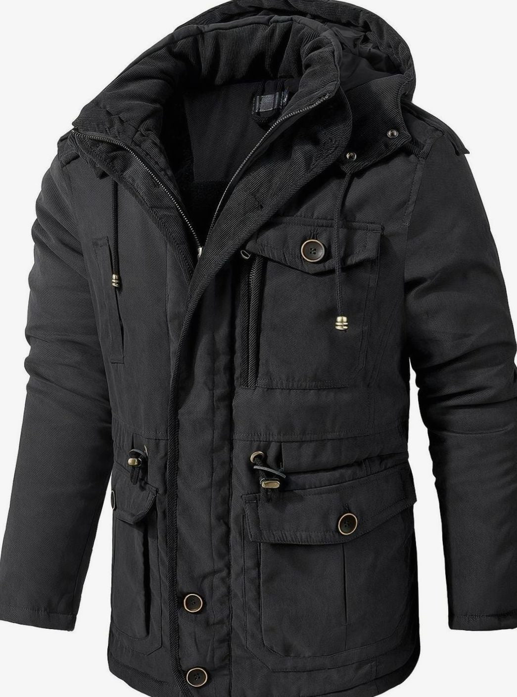 Herren Wattierte Kapuzenjacke mit Mehreren Taschen für den Winter - Schwarz