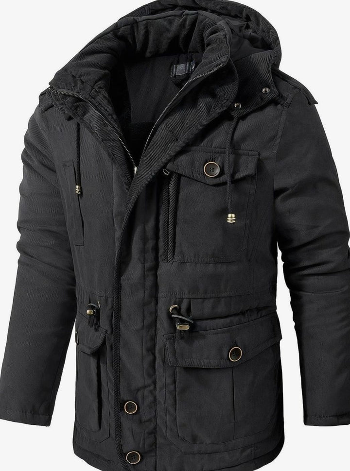 Herren Wattierte Kapuzenjacke mit Mehreren Taschen für den Winter - Schwarz