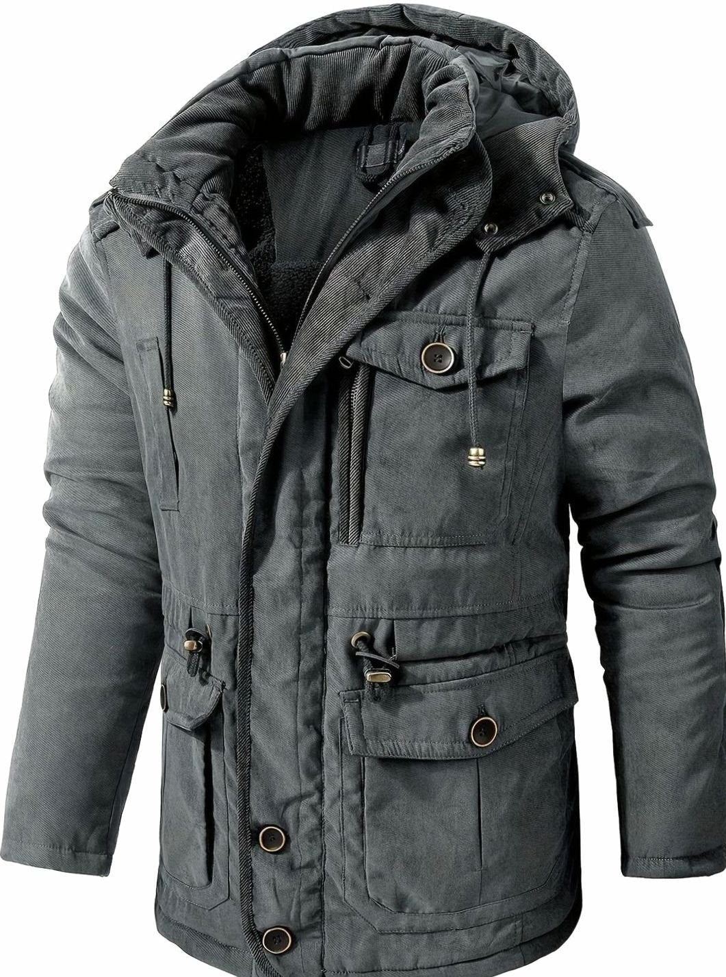 Herren Wattierte Kapuzenjacke mit Mehreren Taschen für den Winter - Grau