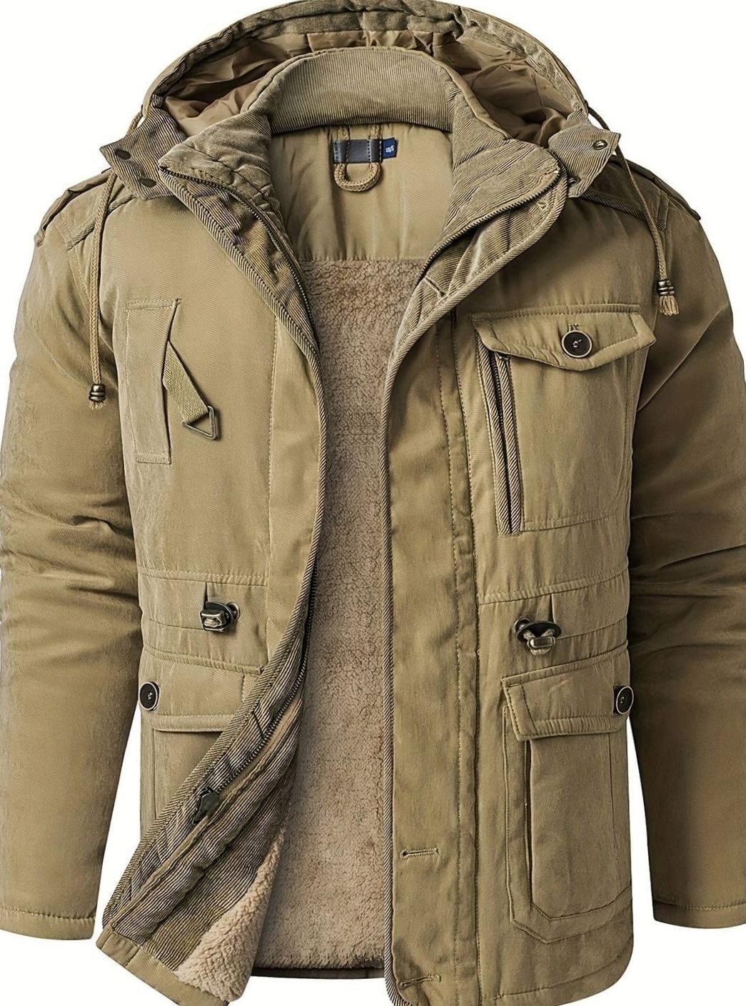 Herren Wattierte Kapuzenjacke mit Mehreren Taschen für den Winter - Khaki