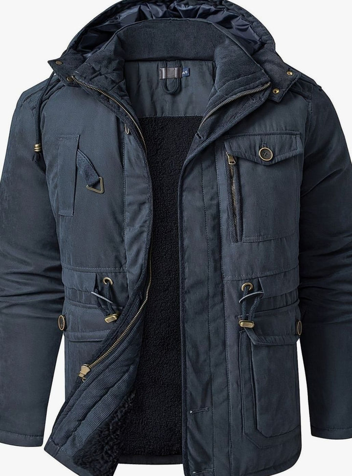 Herren Wattierte Kapuzenjacke mit Mehreren Taschen für den Winter - Blau
