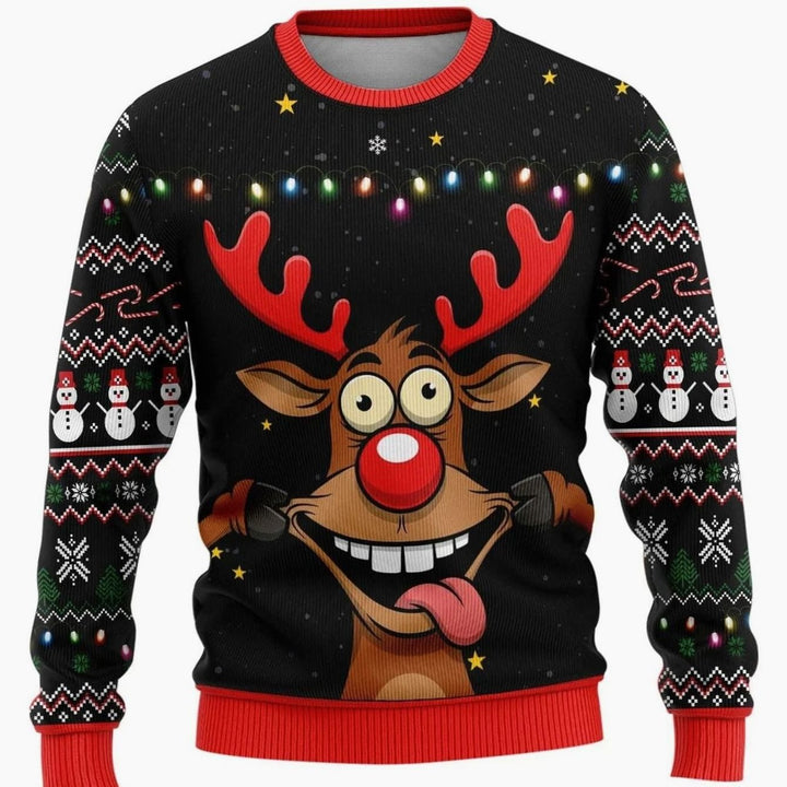 Herren Weihnachtspullover mit Schneemann-Print Rundhals - Rentier Schwarz