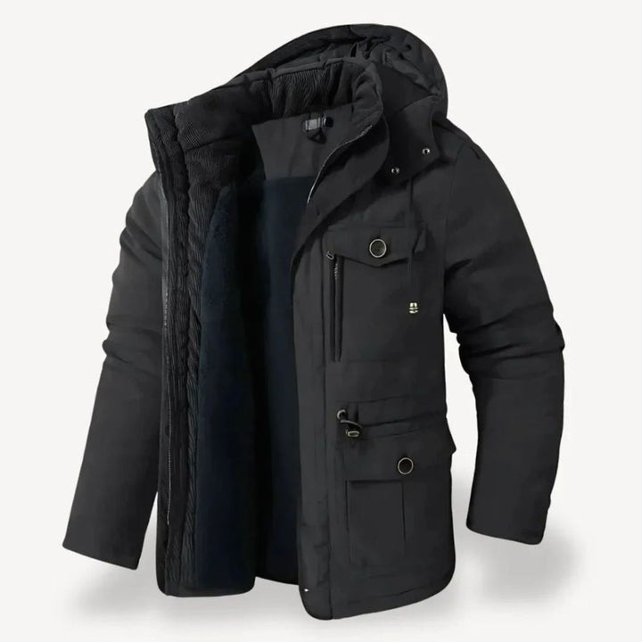 Herren Winterjacke mit Fleece-Futter robuste Outdoorjacke mit Kapuze - Schwarz