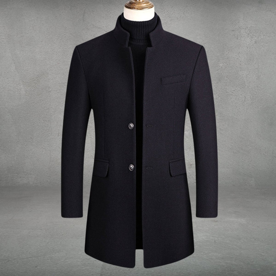 Herren Wollmantel Eleganter Slim-Fit Business Mantel Stehkragen - Schwarz