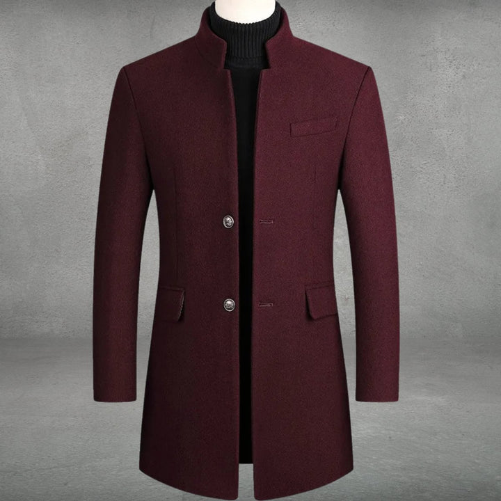 Herren Wollmantel Eleganter Slim-Fit Business Mantel Stehkragen - Weinrot