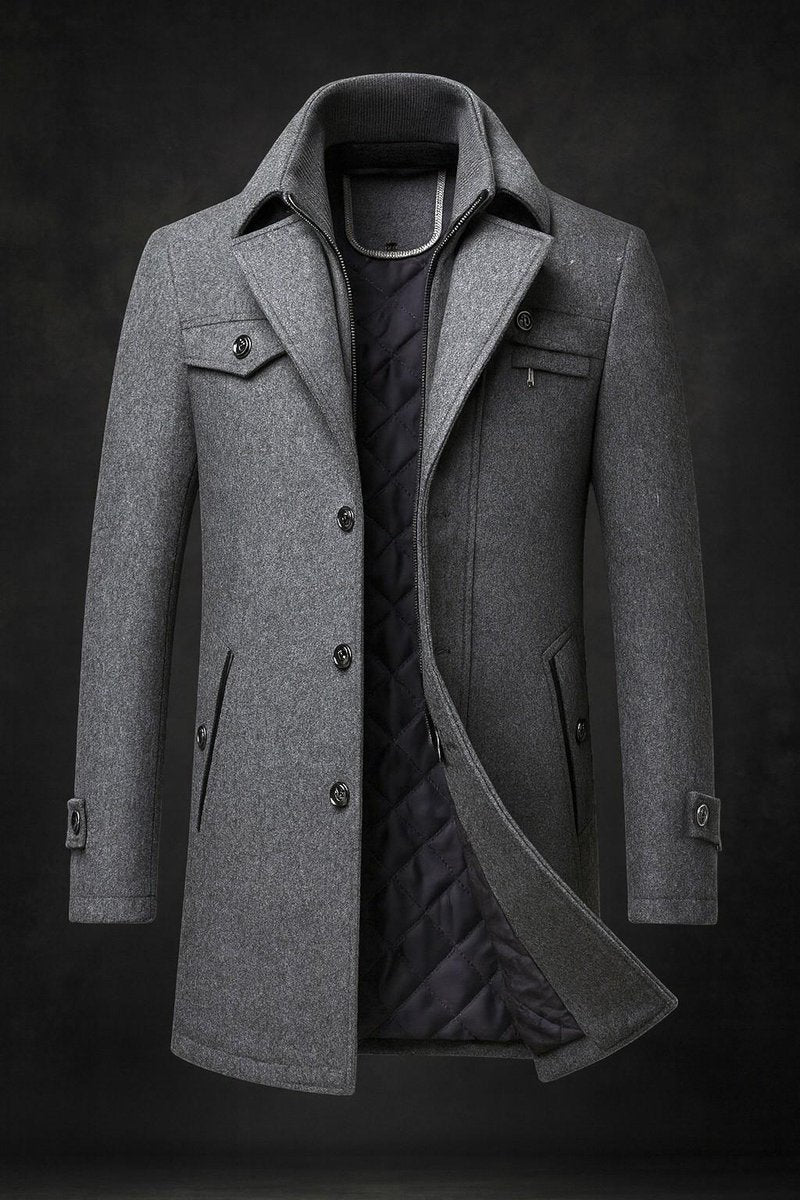 Herren Wollmantel Slim Fit Doppelkragen Wärmeisolierter Wintermantel - Grau