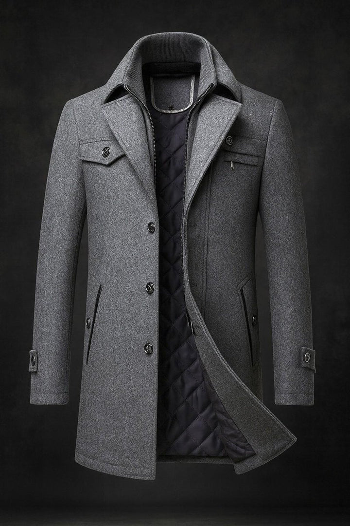 Herren Wollmantel Slim Fit Doppelkragen Wärmeisolierter Wintermantel - Grau