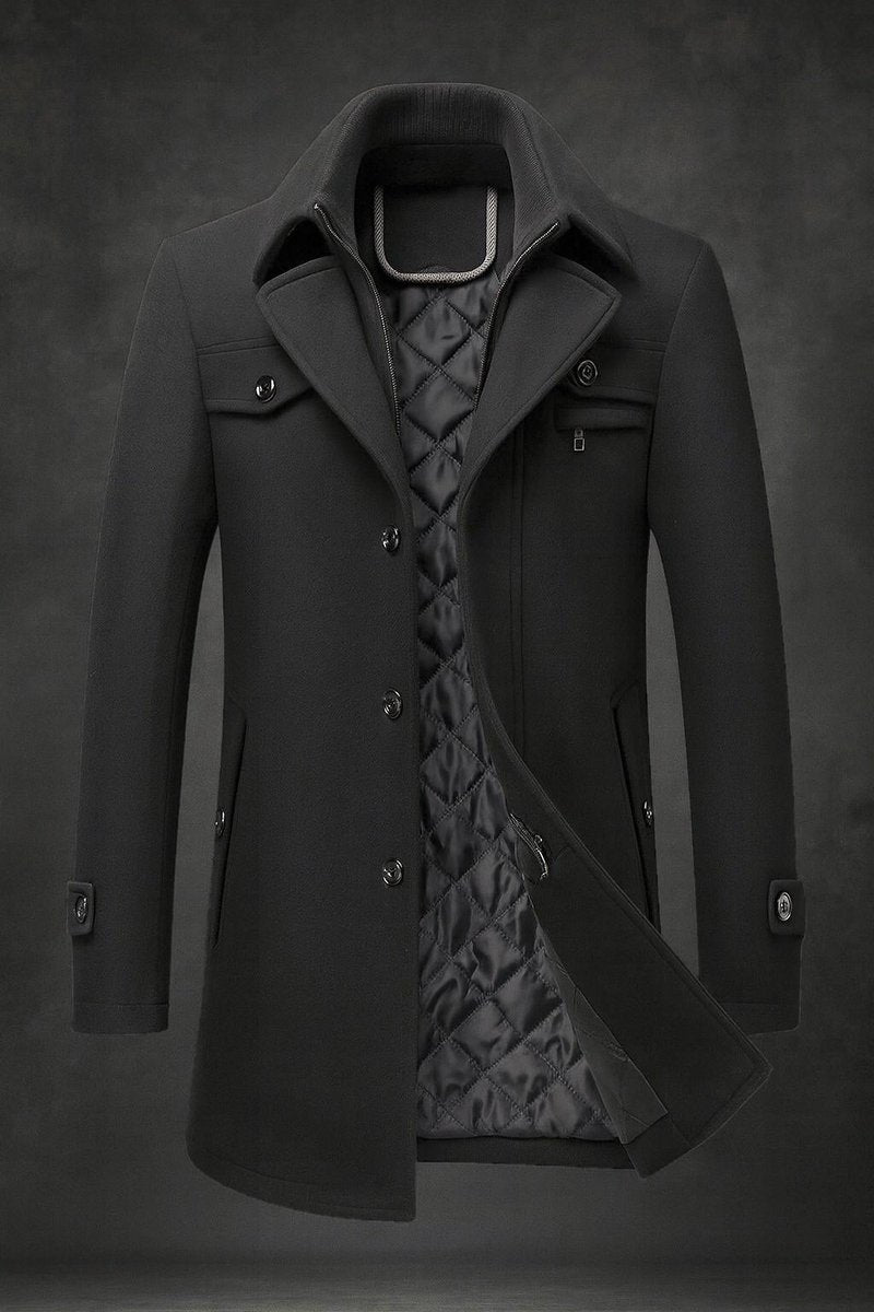 Herren Wollmantel Slim Fit Doppelkragen Wärmeisolierter Wintermantel - Schwarz