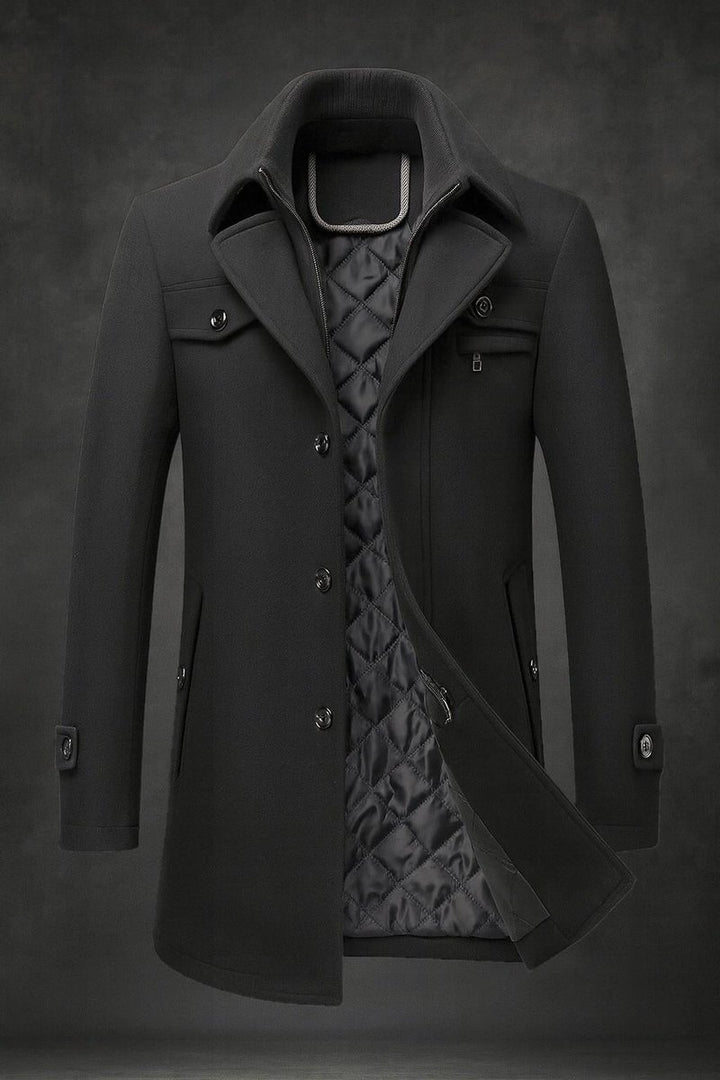 Herren Wollmantel Slim Fit Doppelkragen Wärmeisolierter Wintermantel - Schwarz