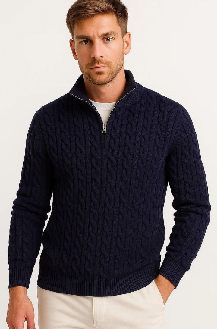 Herren Zopfmuster Strickpullover mit Reißverschluss am Kragen - Marineblau