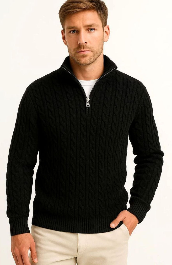 Herren Zopfmuster Strickpullover mit Reißverschluss am Kragen - Schwarz