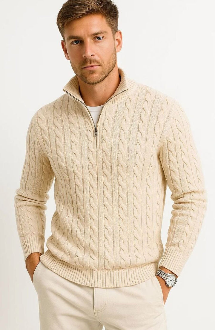 Herren Zopfmuster Strickpullover mit Reißverschluss am Kragen - Vanillebeige