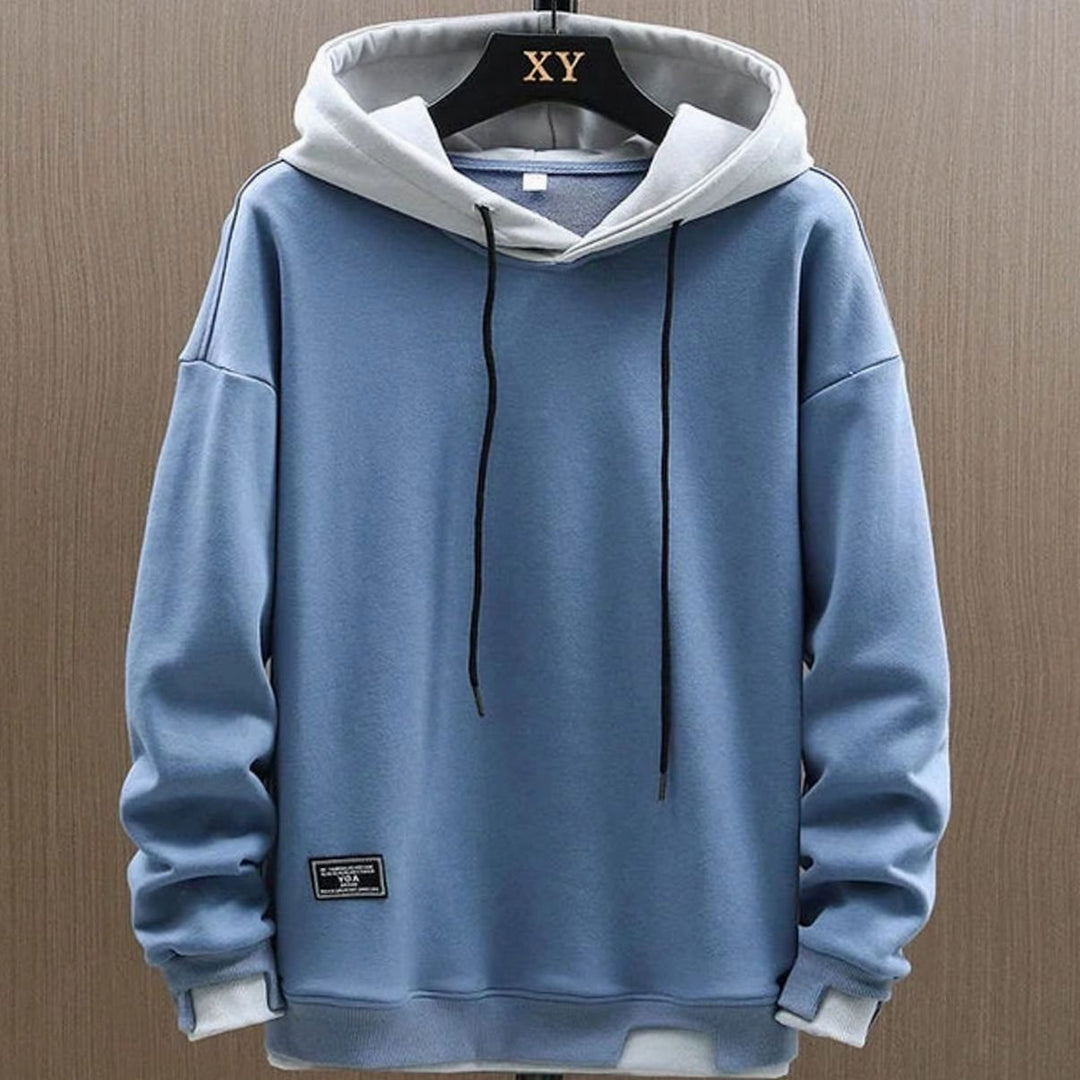 Herren Zweifarbiger Locker Geschnittener Pullover Hoodie mit Kapuze - Blau