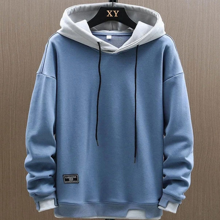 Herren Zweifarbiger Locker Geschnittener Pullover Hoodie mit Kapuze - Blau