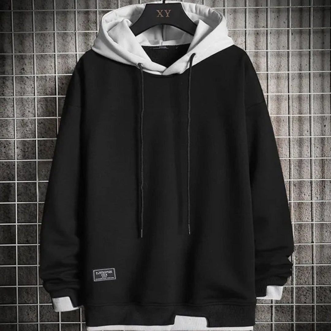 Herren Zweifarbiger Locker Geschnittener Pullover Hoodie mit Kapuze - Schwarz