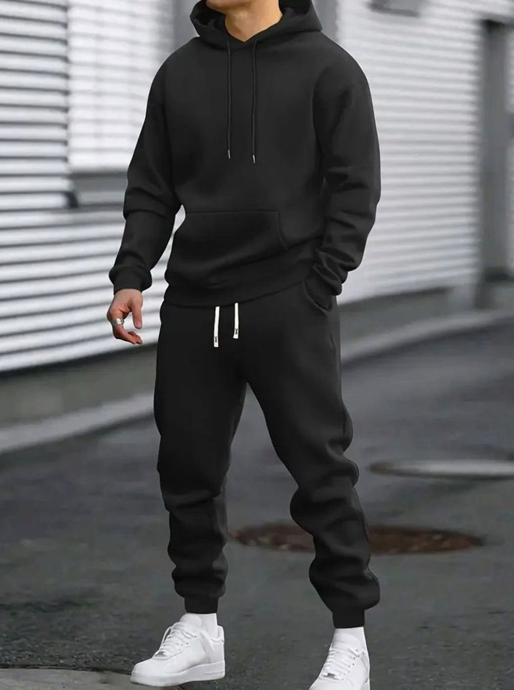 Herren Zweiteiliges Stilvolles Pullover-Set Hoodie Jogger Freizeitanzug - Schwarz