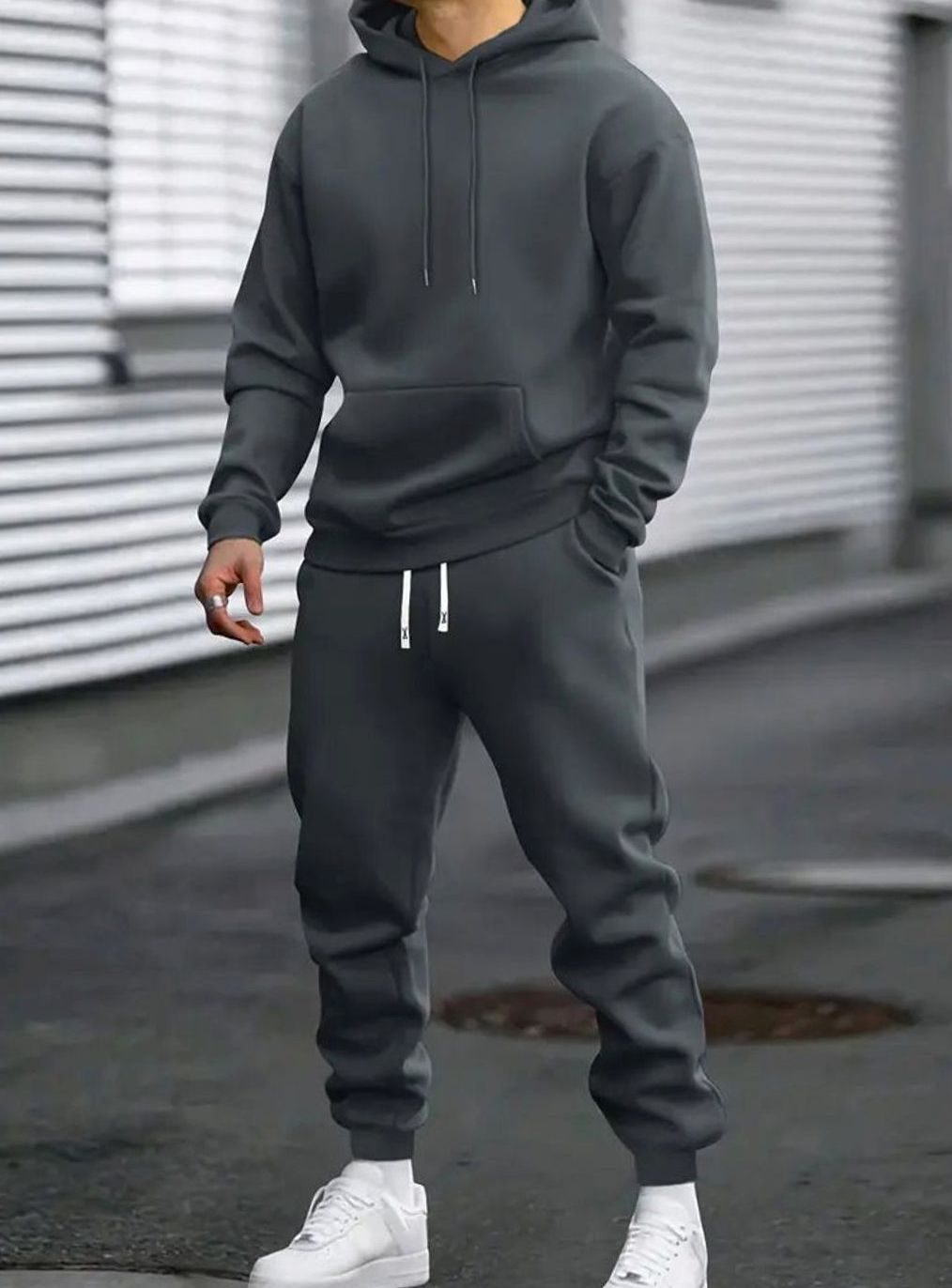 Herren Zweiteiliges Stilvolles Pullover-Set Hoodie Jogger Freizeitanzug - Dunkel Grau