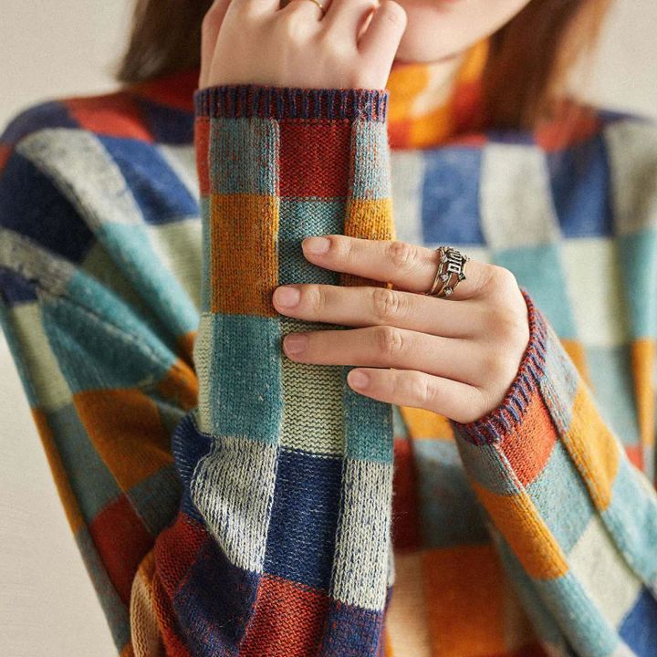 Andrea | Damen Strickpullover mit Farbblock- und Karomuster