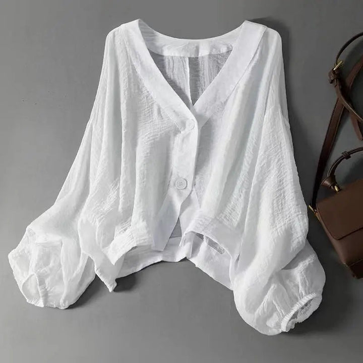 Leinen Bluse Langarm Oversized V-Ausschnitt Sommer - White