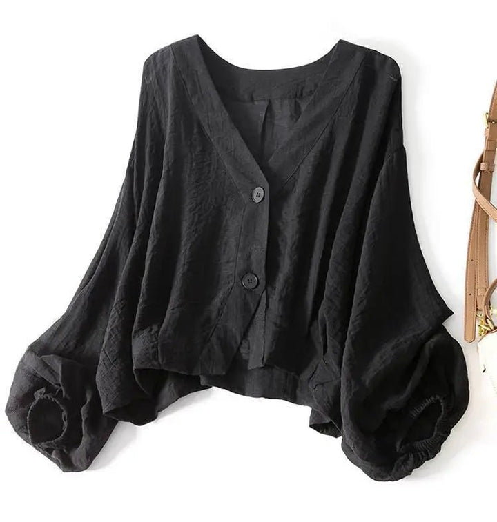 Leinen Bluse Langarm Oversized V-Ausschnitt Sommer - Black