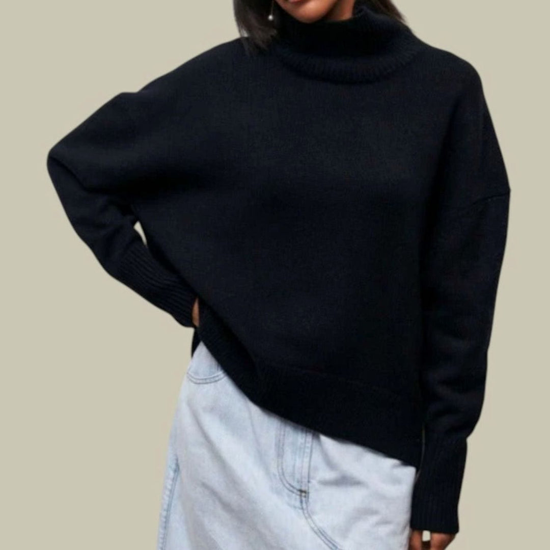 Locker Geschnittener Rollkragen Strickpullover für Damen Oversized - Schwarz