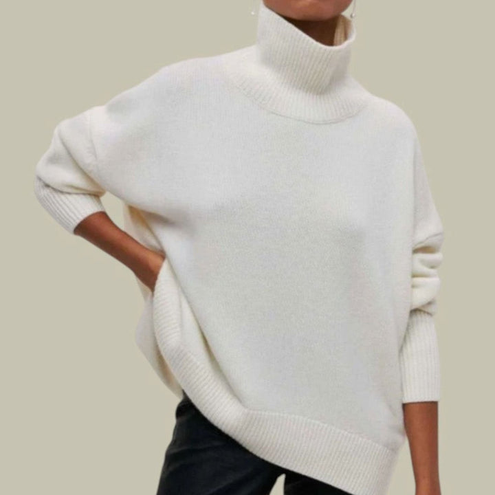 Locker Geschnittener Rollkragen Strickpullover für Damen Oversized - Weiß