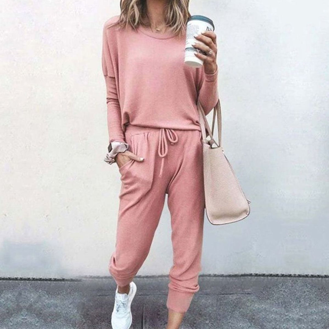Lässiges Lounge Set für Damen mit Rundhals Langarmshirt Jogginghose - Rosa