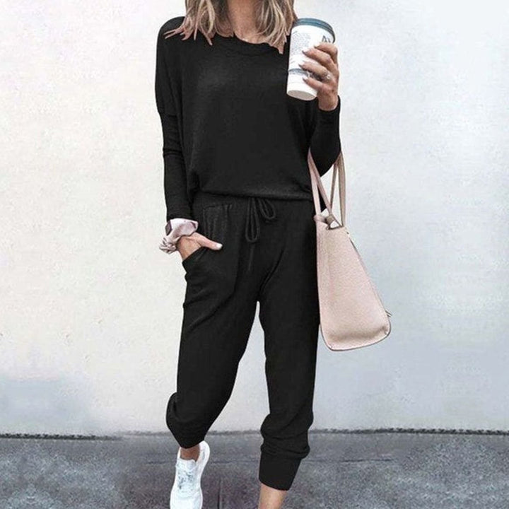Lässiges Lounge Set für Damen mit Rundhals Langarmshirt Jogginghose - Schwarz